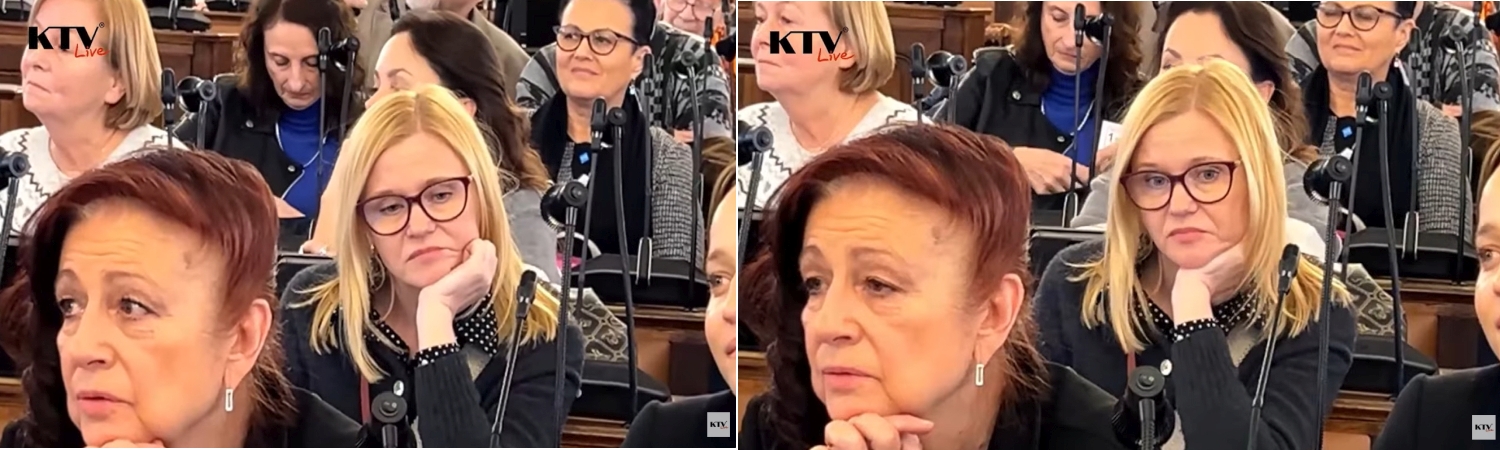 Výraz novinářky Kristiny Cirokové na konferenci Tři roky po covidu v Parlamentu. Redaktorka SeznamZpráv právě uvažuje, jak své čtenáře objektivně a nezaujatě informovat o zjištěních, které na konferenci zazněly. Zdroj: KTV Live